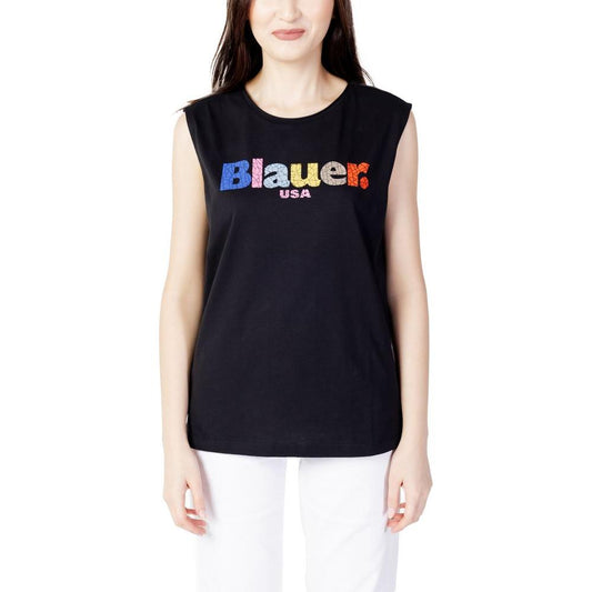 Women's Blauer black cotton T-shirt, part of the Spring/Summer collection, featuring colorful logo design.