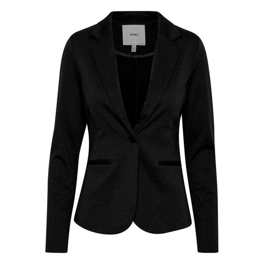 ICHI black polyester women's blazer, fall/winter collection, featuring 74% polyester, 22% viscose, and 4% elastane.