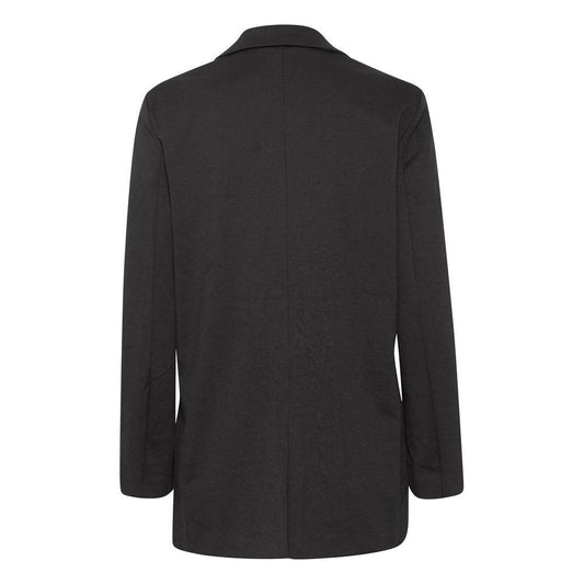 Rear view of women's black blazer from ICHI, made with recycled polyester, part of the fall/winter collection.