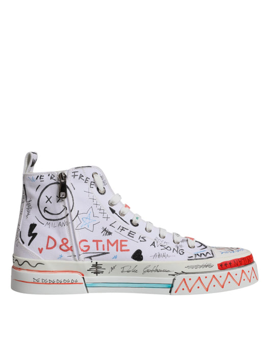 Dolce & Gabbana White Cotton Graffiti High Top Sneaker Shoes Dolce & Gabbana Light Gray