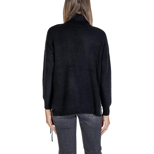 Sandro Ferrone black viscose sweater for women, fall/winter collection, back view, knitwear with nylon, polyester, and modal blend.