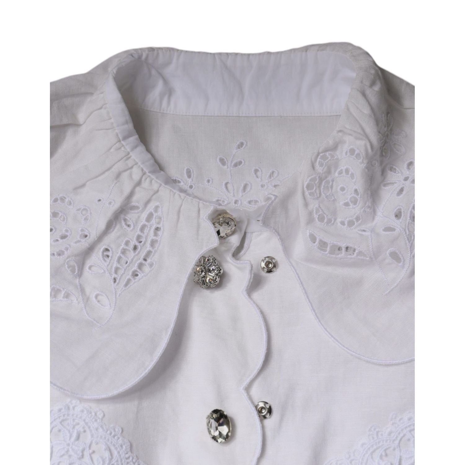 Dolce & Gabbana White Cotton Lace Trim Collared Blouse Top