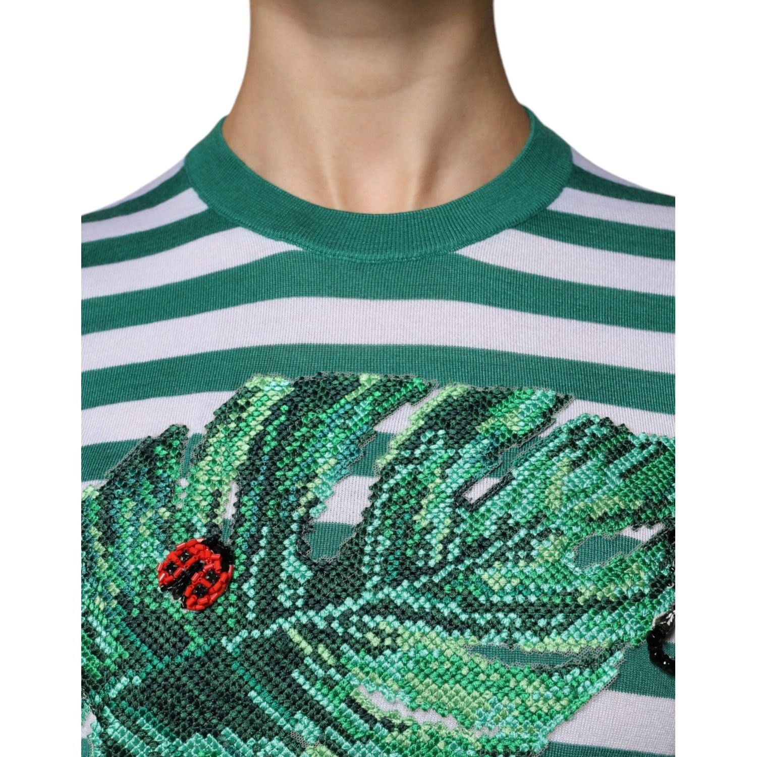 Dolce & Gabbana White Green Stripe Leaf Crew Neck T-shirt
