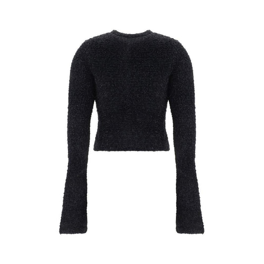Back view of a black Balenciaga cropped cardigan with long sleeves and textured fabric.