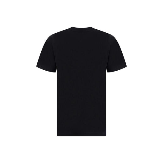 Rear view of a black Burberry cotton T-shirt featuring a ribbed crew neck and iconic brand monogram in monochrome pattern.