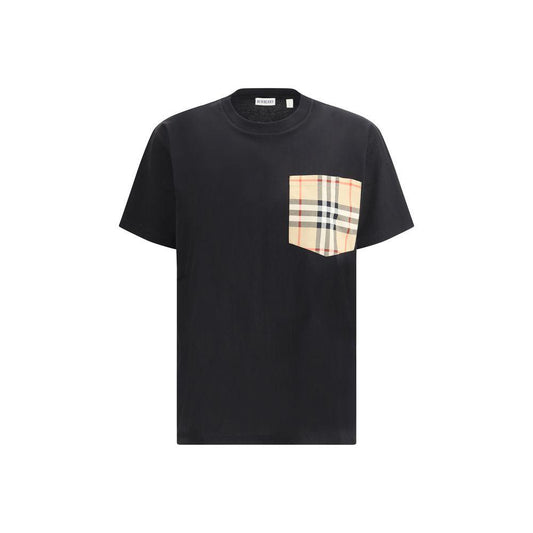 Burberry Archive Check pocket black t-shirt with ribbed crew neck and monochrome design, featuring iconic plaid pocket.