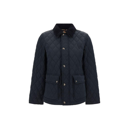 Burberry quilted jacket with velvet collar, two patch flap pockets, concealed front zipper, button flap closure, and Archivio Check lining.