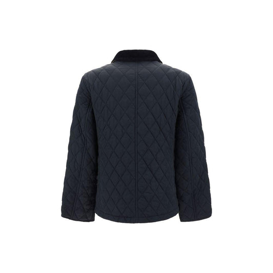 Back view of Burberry quilted jacket with velvet collar and diamond pattern stitching.