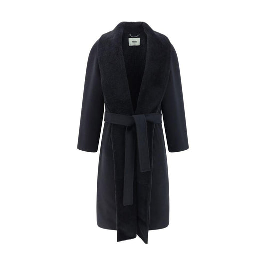 Fendi virgin wool coat with lamb fur shawl lapels, knotted sash closure, and monochrome pattern.