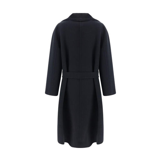 Back view of Fendi Virgin Wool Coat with shawl lapels, lamb fur detail, knotted sash, monochrome pattern, regular fit, side pockets.