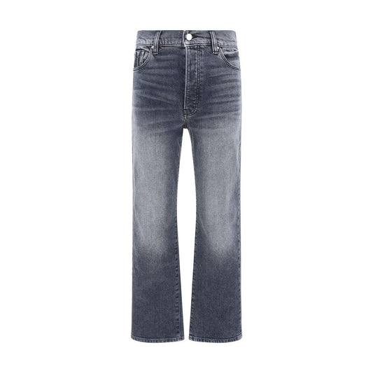 Amiri Cotton Denim Pants with five-pocket design and signature leather patch, featuring button closure and belt loops waistband.