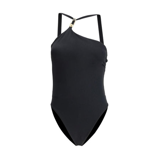 Versace black swimsuit with asymmetrical neckline, inner pattern, deep back, and iconic Medusa logo plaque on front.