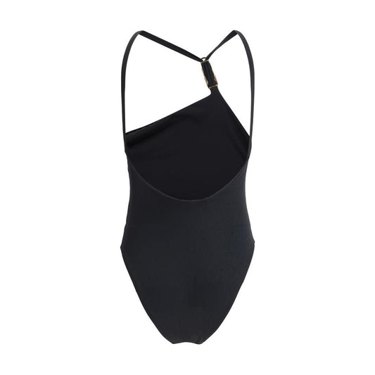 Versace swimsuit featuring deep back neckline, iconic Medusa logo plaque, and monochrome pattern, showcasing luxurious swimwear design.