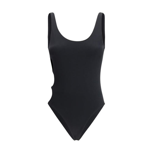 Versace one-piece swimsuit with classic straps, monochrome pattern, deep back neckline, side cut-outs, and Medusa logo plaques.