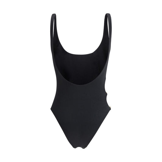 Versace one-piece swimsuit with monochrome design, classic straps, deep back neckline, side cut-outs, and Medusa logo plaques.