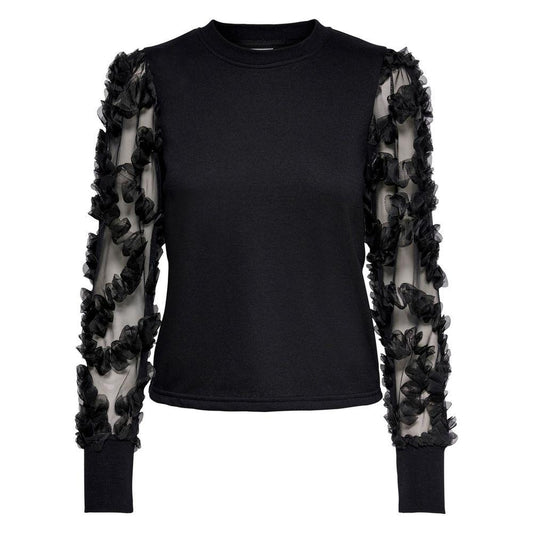 Jacqueline De Yong black knit sweater with ruffled mesh sleeves, women's fall/winter fashion, 99% cotton, 1% polyester.