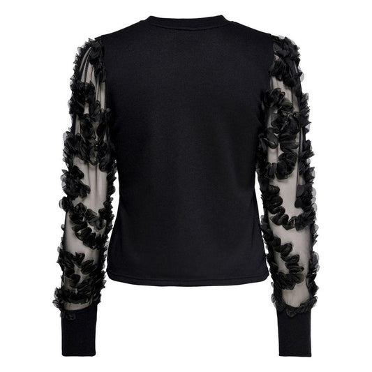 Jacqueline De Yong black cotton sweater with sheer floral sleeves, women's knitwear for fall/winter collection, back view.