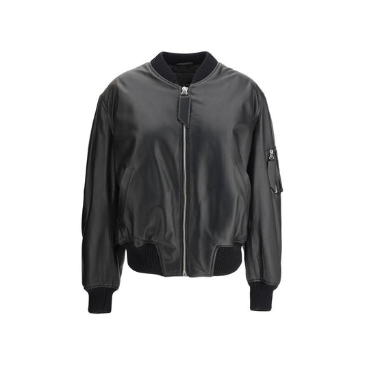 The Attico leather Anja bomber jacket with ribbed collar, front zipper, wide sleeves, zippered sleeve pocket, ribbed cuffs and hem.