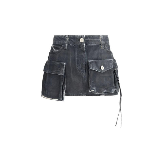 The Attico Denim Cargo Mini Skirt with front button closure and patch pockets, featuring signature branded leather patch on back.