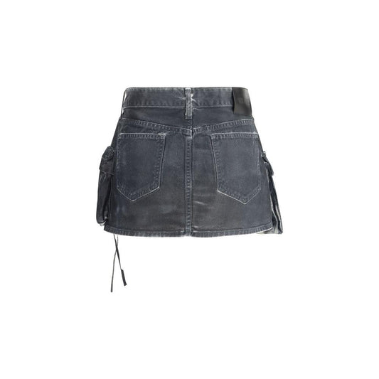 The Attico denim cargo mini skirt, featuring a five-pocket design and iconic branded leather patch, with front and side cargo pockets.