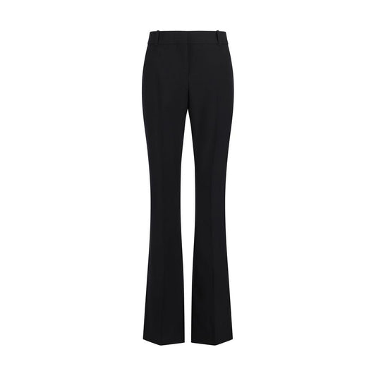 Alexander McQueen wool pants with leather patch, front zipper, monochrome, regular fit, side and back pockets.