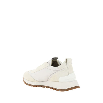 Brunello Cucinelli White Rubber Low Top Sneakers, slip-on style with knurled sole and jeweled front band, suede detail, AW25 collection