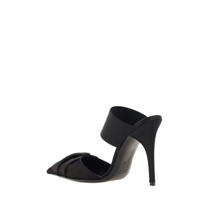 Bruno Frisoni Black Calf Leather Bos Taurus High Heel Pumps with draped design and stiletto heel, side view.