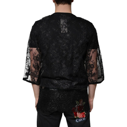 Dolce & Gabbana Black Nylon Floral Lace Crew Neck T-shirt