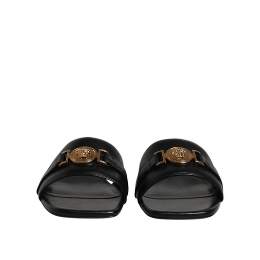 Versace Black Leather Logo Plaque Slip On Slides Flats Shoes LA12123-36