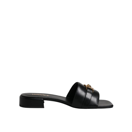 Versace Black Leather Logo Plaque Slip On Slides Flats Shoes LA12123-36