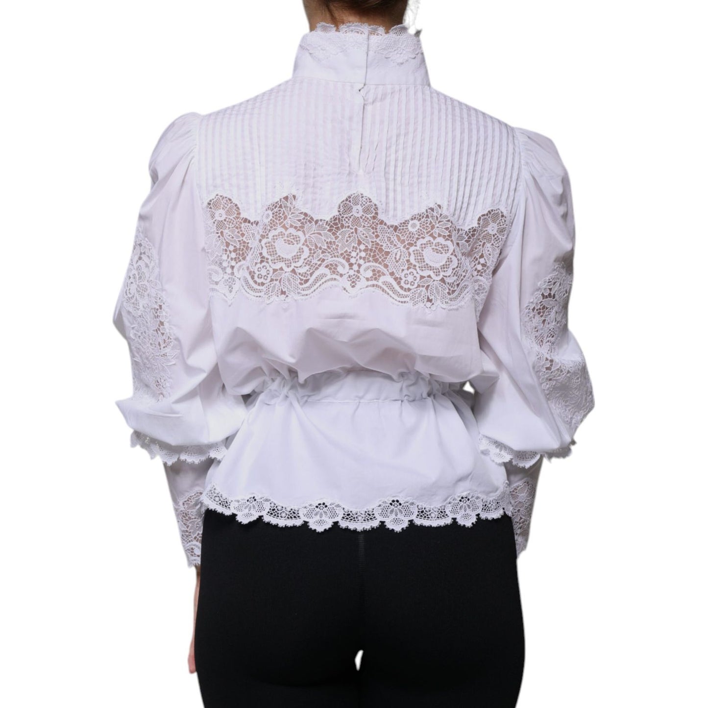Dolce & Gabbana White Cotton Lace Trim Turtleneck Blouse Top