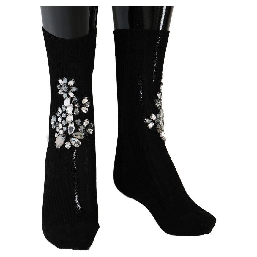 Dolce & Gabbana Black Knitted Floral Clear Crystal Socks