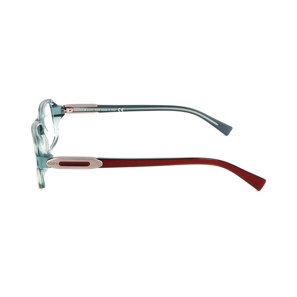 Side view of Tod's Turquoise Acetate Frames with bright turquoise lenses and maroon temple arms, size 52/15/135 mm.