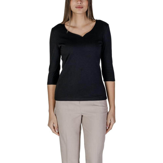 Street One black cotton short-sleeved T-shirt for women from spring/summer collection, featuring 50% cotton and 50% modal blend.