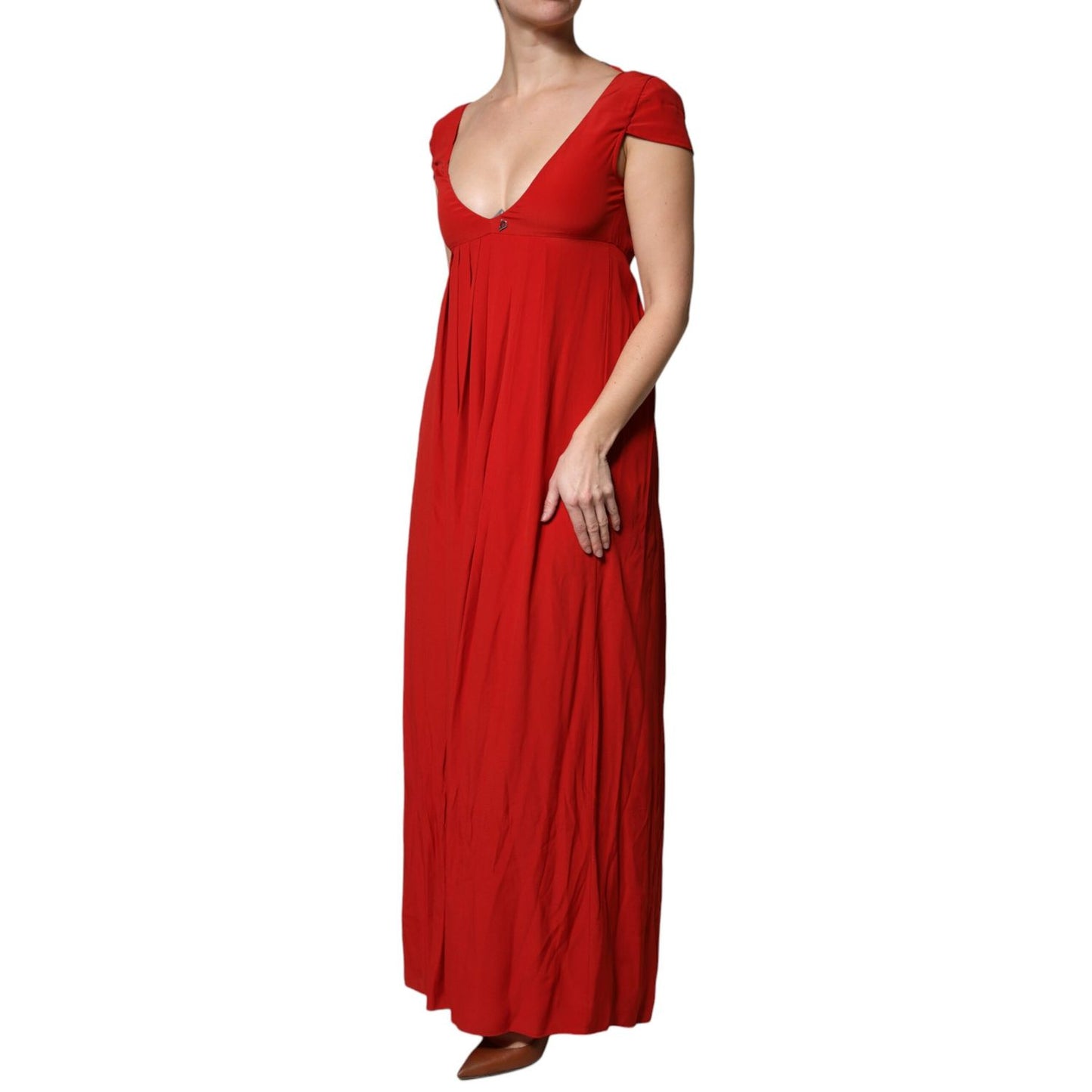 Dondup Red Acetate Short Sleeves Plunging Neckline Maxi Dress