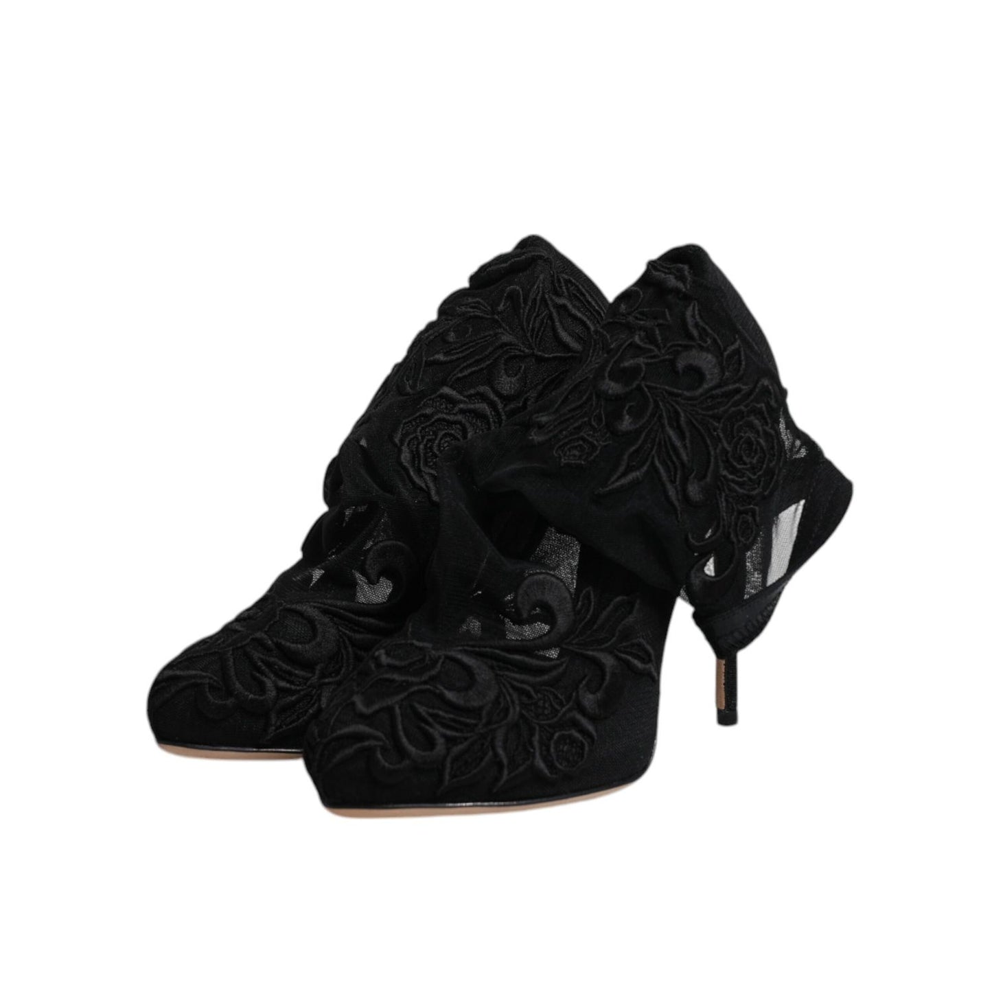 Dolce & Gabbana Black Tulle Stretch Heels Mid Calf Boots Shoes