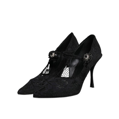 Dolce & Gabbana Black Lace Crystals Mary Jane Pumps Shoes