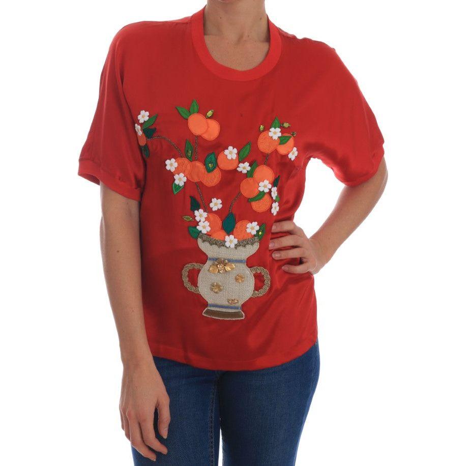 Dolce & Gabbana Red Silk Oranges Floral Crystal Blouse TSH1931-38