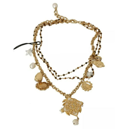 Dolce & Gabbana Gold Brass Crystal Floral Statement Charms Necklace