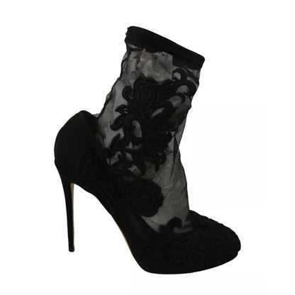 Dolce & Gabbana Black Tulle Stretch Floral Booties Shoes