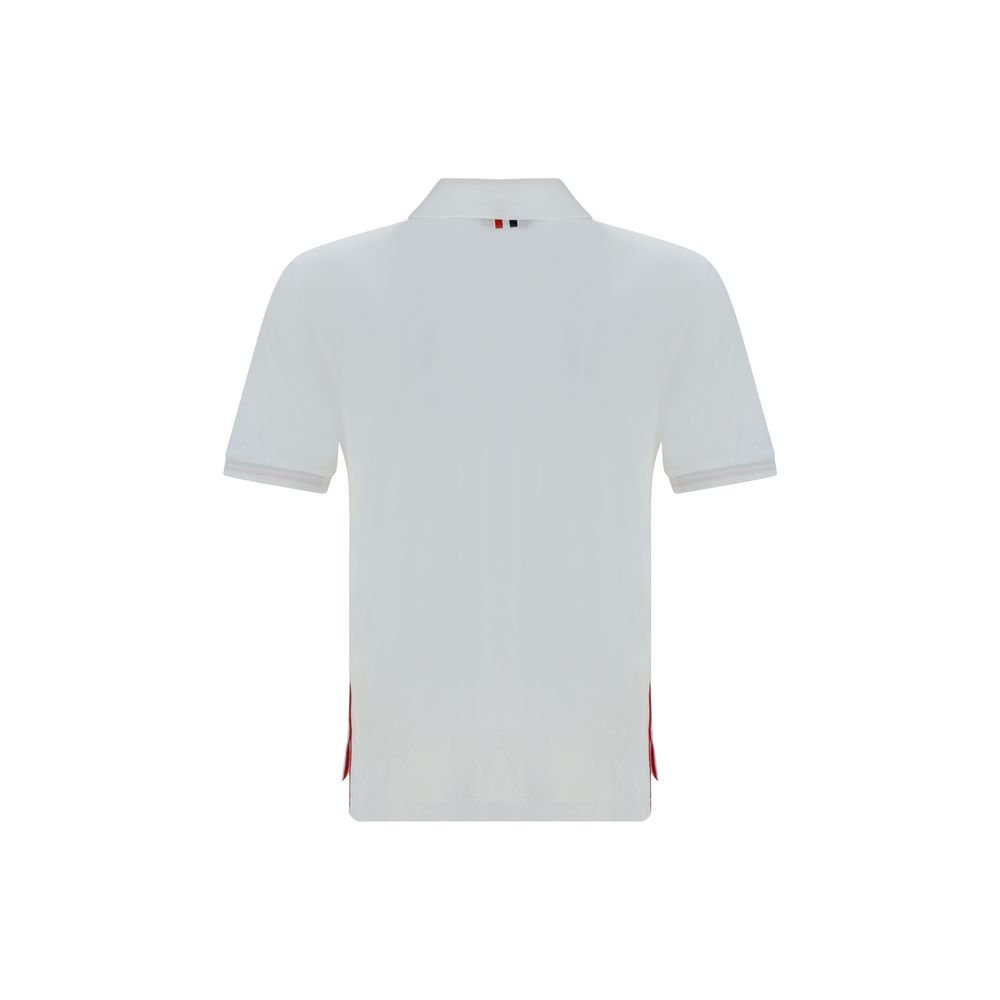 Back view of Thom Browne White Cotton Polo Shirt with classic collar and side slits featuring iconic contrasting bands.