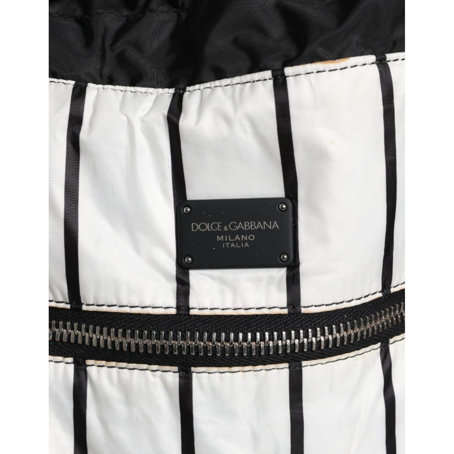 Dolce & Gabbana Black White Striped Polyester Drawstring Backpack Bag