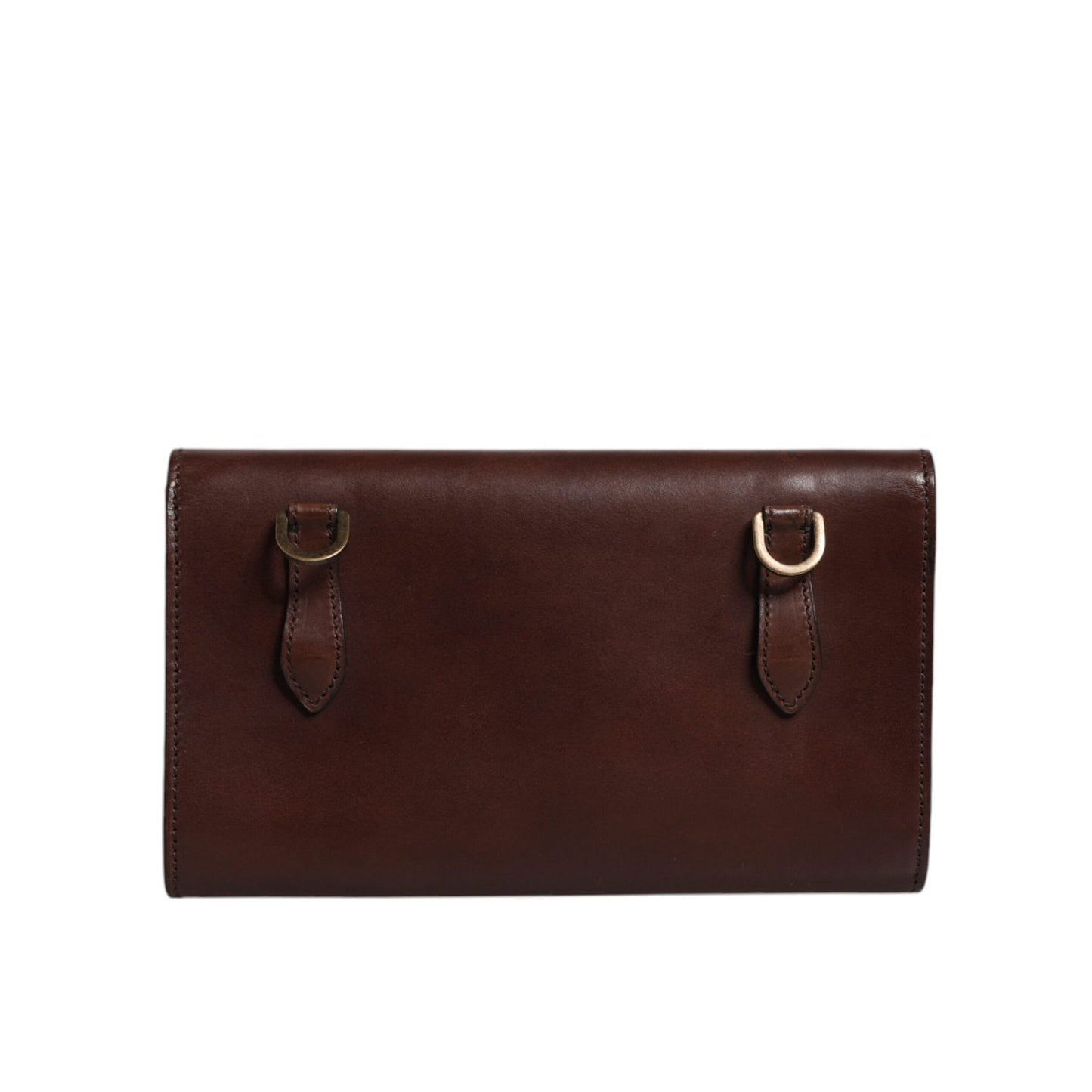 Dolce & Gabbana Brown Leather Logo Embossed Crossbody Bag back view with gold hardware and magnetic closure.