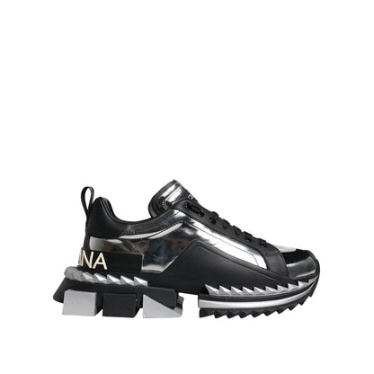 Dolce & Gabbana Black Silver SUPER KING Leather Sneaker Shoes
