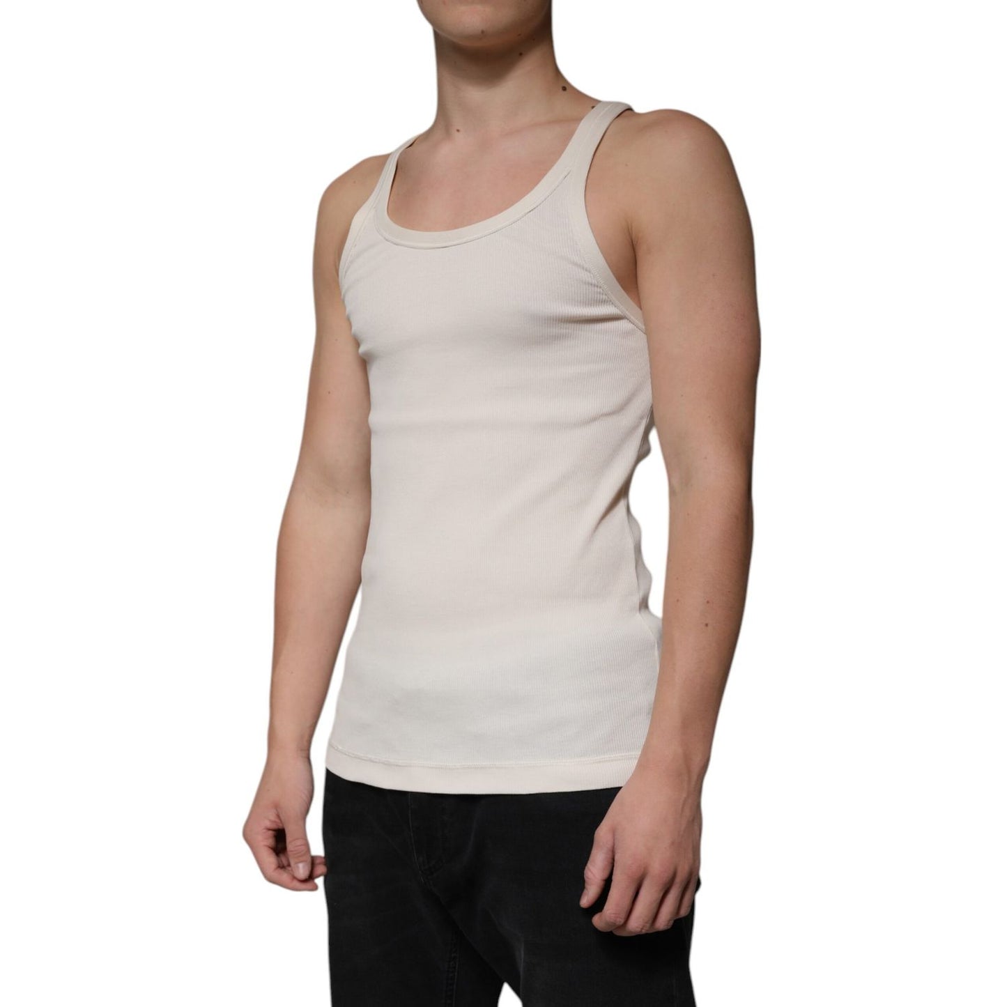 Dolce & Gabbana Off White Cotton Sleeveless Round Neck Tank T-shirt