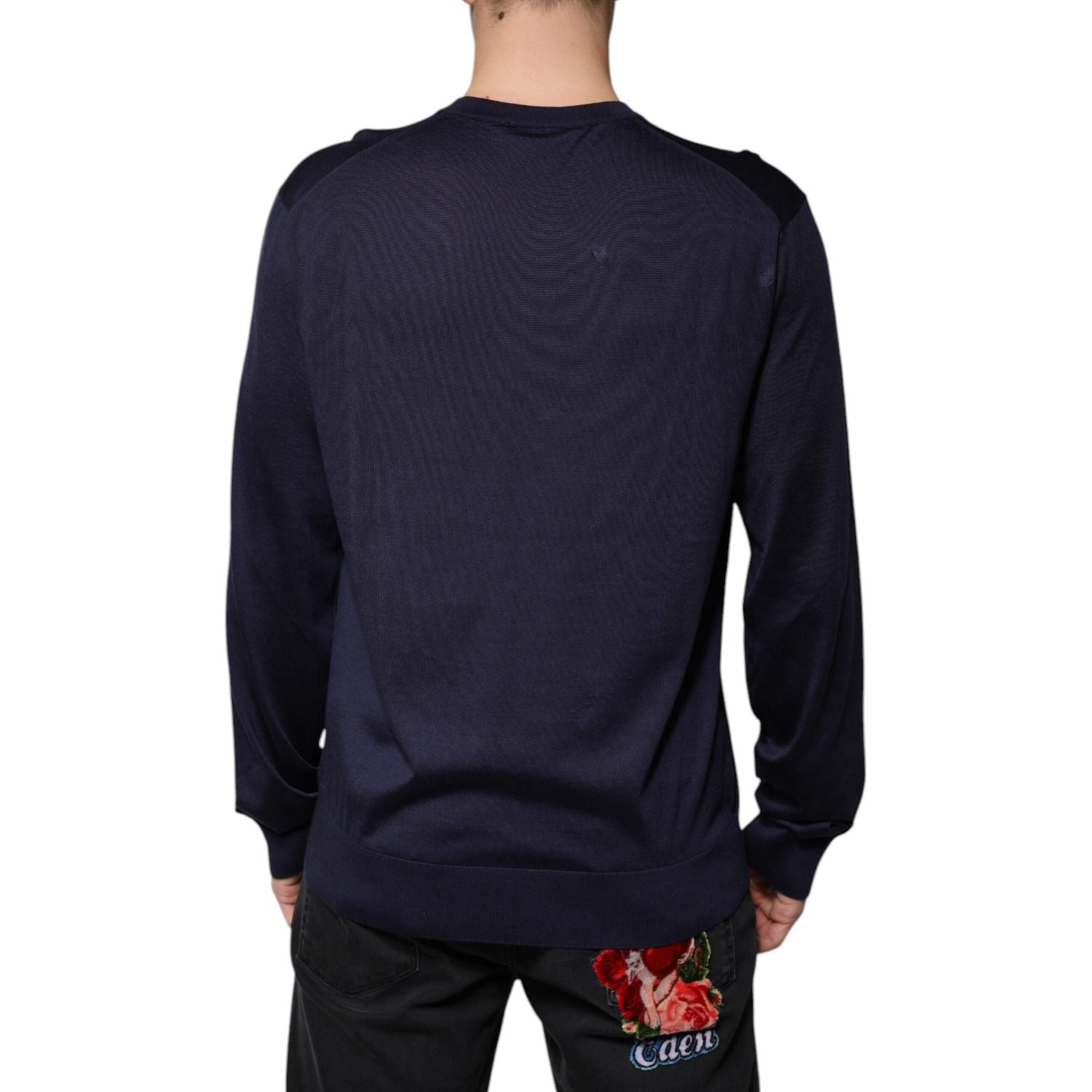 Dolce & Gabbana Navy Blue Silk V-neck Pullover Sweater
