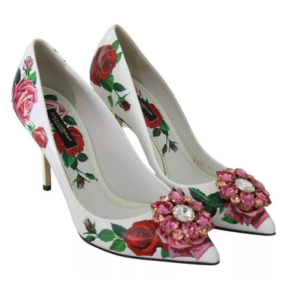 Dolce & Gabbana White Leather Roses Crystal Pumps Shoes