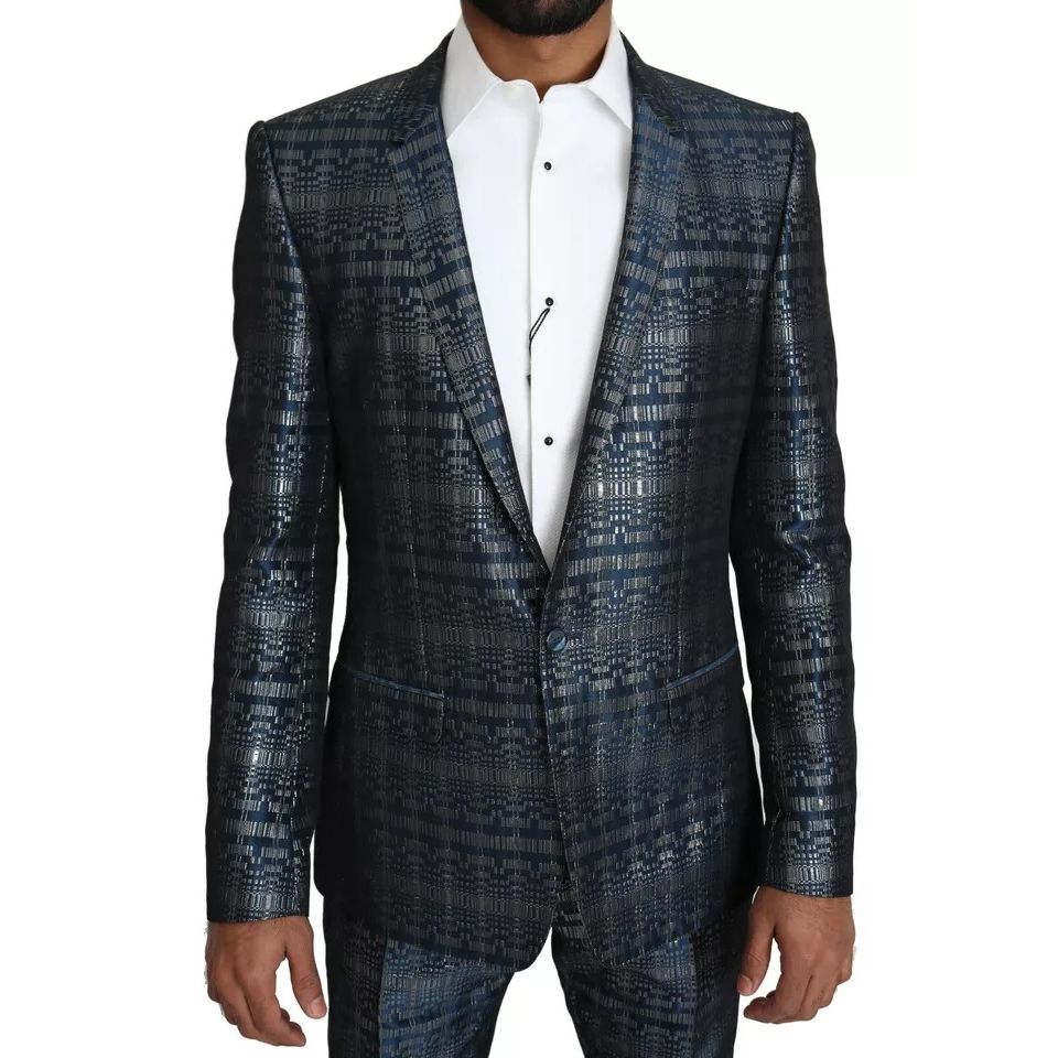 Dolce & Gabbana Blue Silver Shiny 2 Piece Slim GOLD Suit