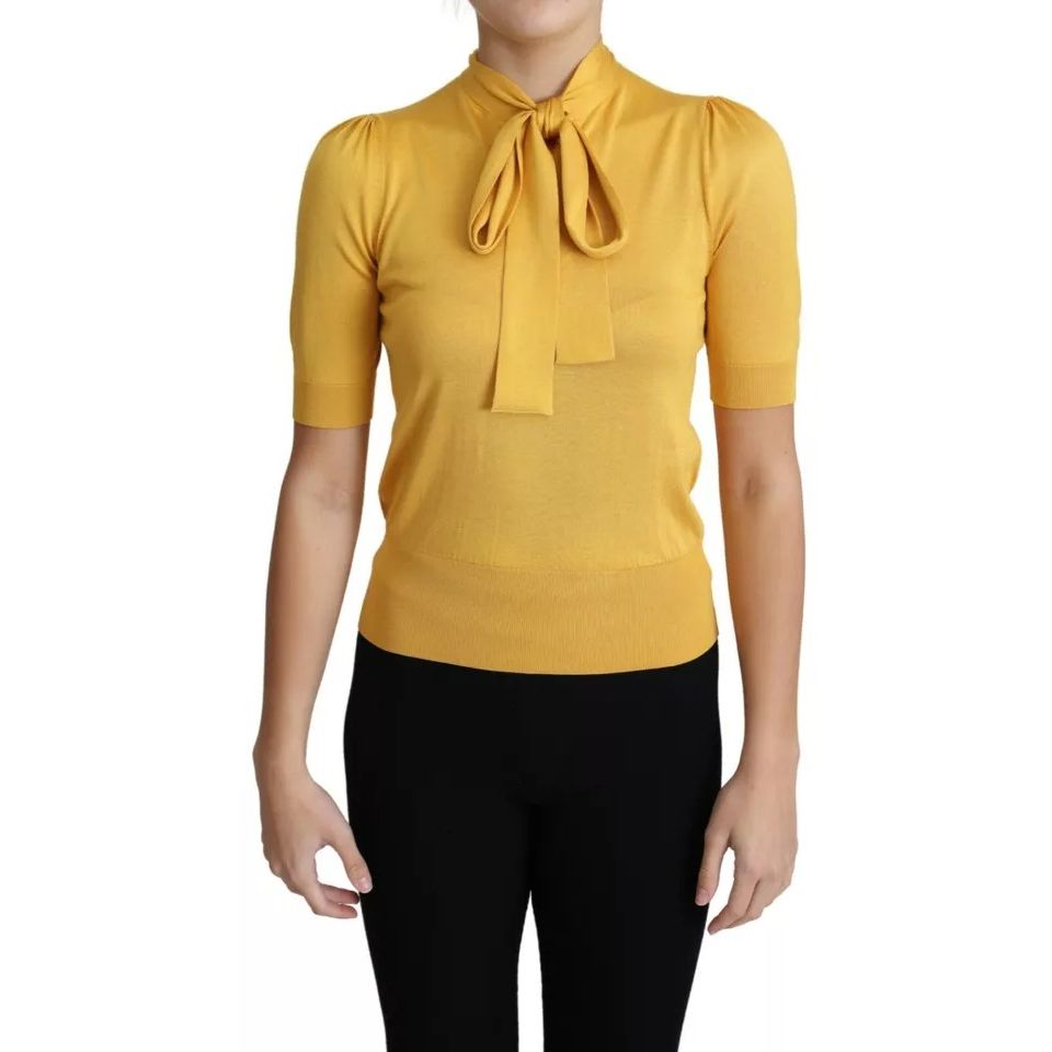 Dolce & Gabbana Yellow Silk Knit Pullover Ascot Collar Top