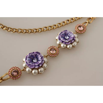 Dolce & Gabbana Gold Tone Floral Crystals Purple Embellished Necklace